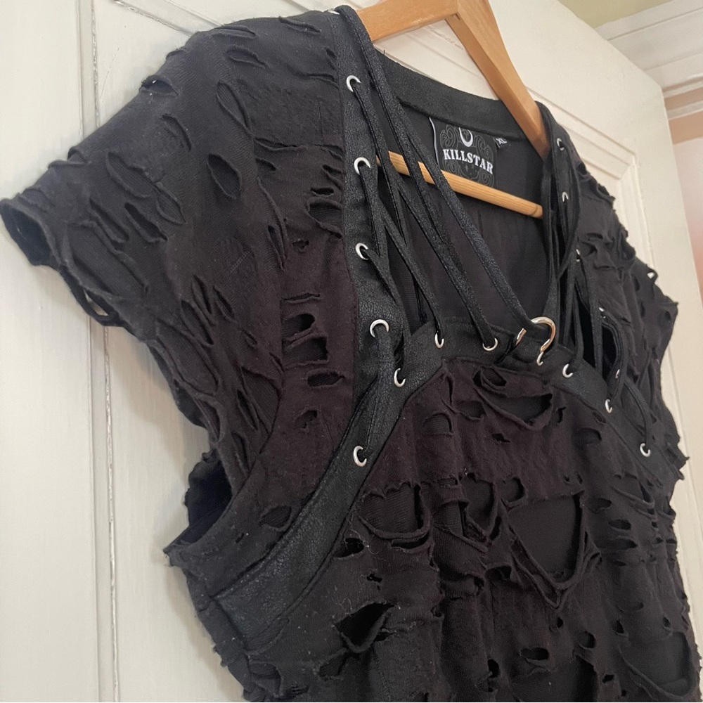 Black Distressed Strappy Short Sleeve Top - Picture 3 of 9